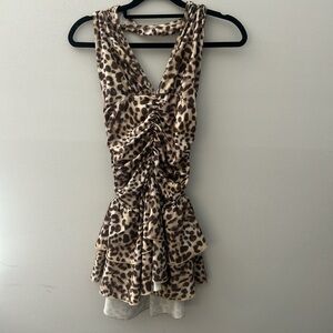 SHEIN Leopard Print Ruched V-Neck Mini Dress in Brown and Cream